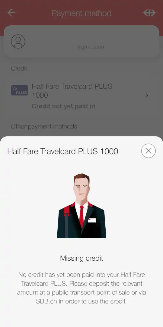 Screenshot of SBB app: missing credit