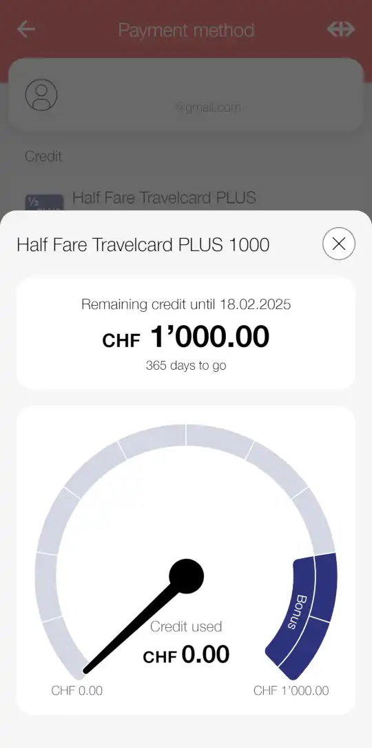 Screenshot of SBB app: remaining credit