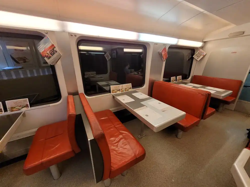 Restaurant seats in a Railjet train