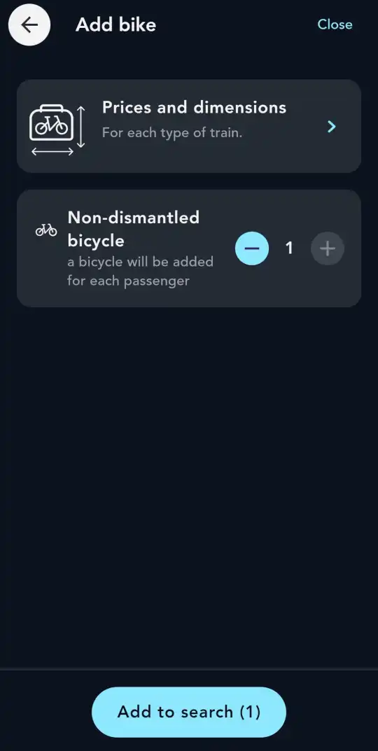 SNCF Connect app screenshot: Add bicycle page