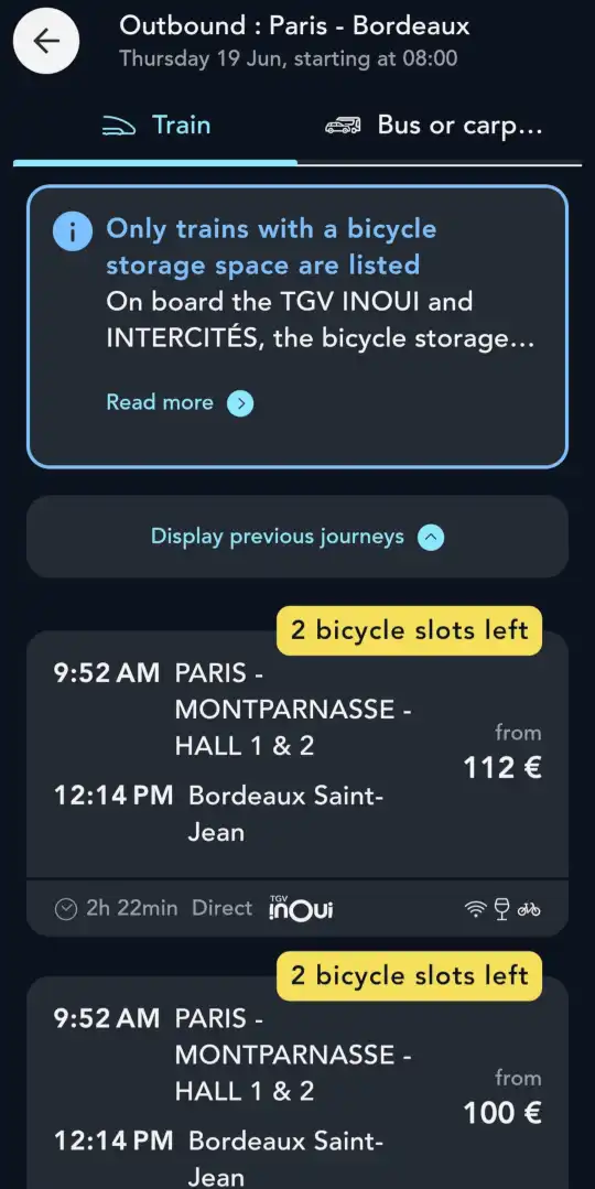 SNCF Connect app screenshot: Search results filtered for assembled bicycles
