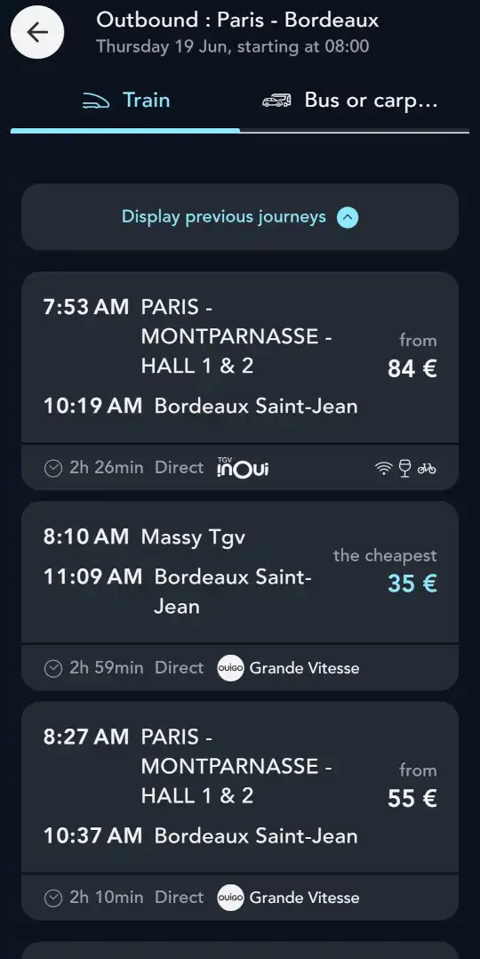 SNCF Connect app screenshot: Search results without bicycle