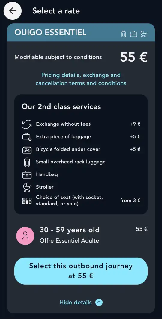 SNCF Connect app screenshot: OUIGO baseline fare