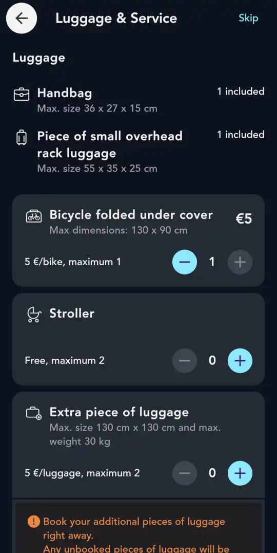 SNCF Connect app screenshot: Adding extra luggage for OUIGO
