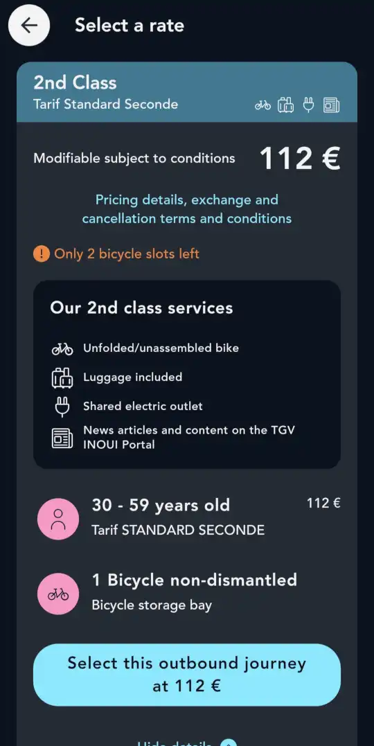 SNCF Connect app screenshot: Fare confirmation with bicycle