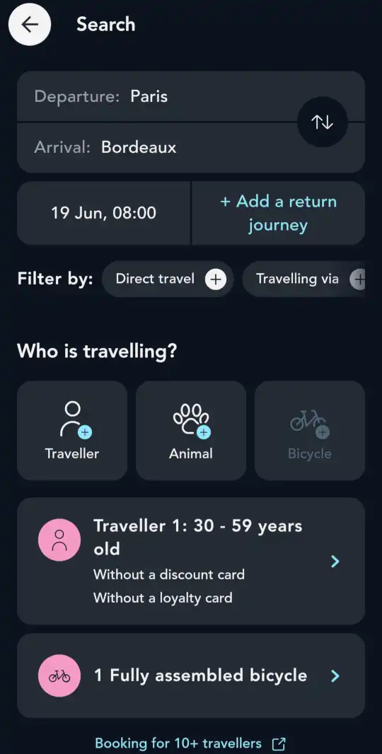 SNCF Connect app screenshot: Search form