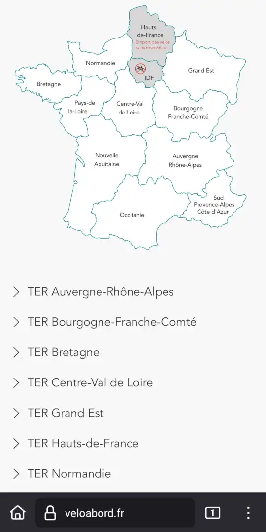 Vélo à Bord website: Map of French regions