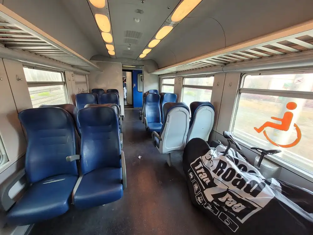 Packed bicycles in the wheelchair area of a regional train