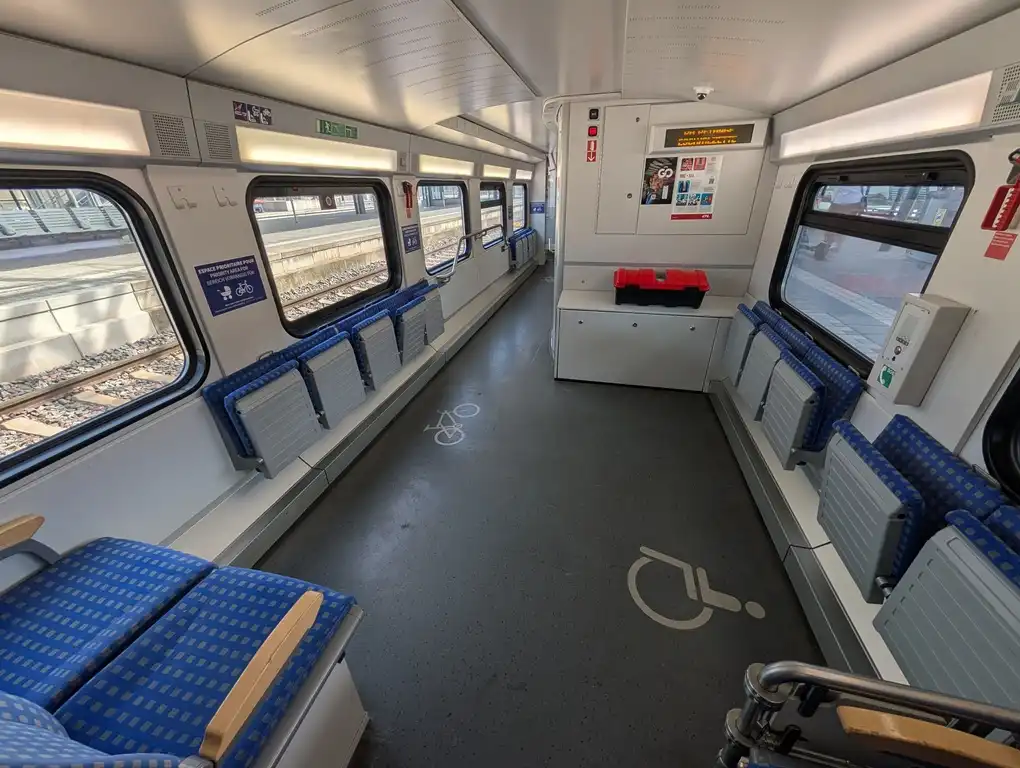 Wheelchair-accessible space in a Stadler KISS train