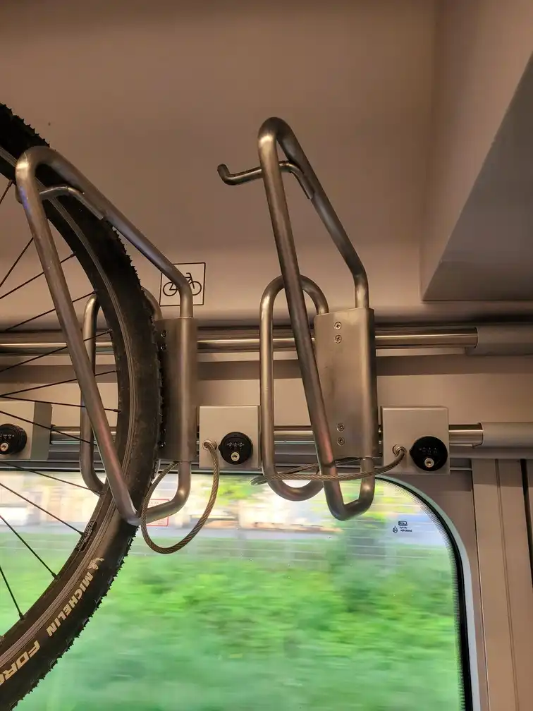 Bicycle locks operated by a 3-digit code in an intercity train