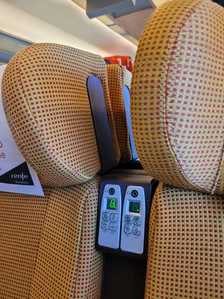 Hearphone plugs at the seats in a Renfe series 100