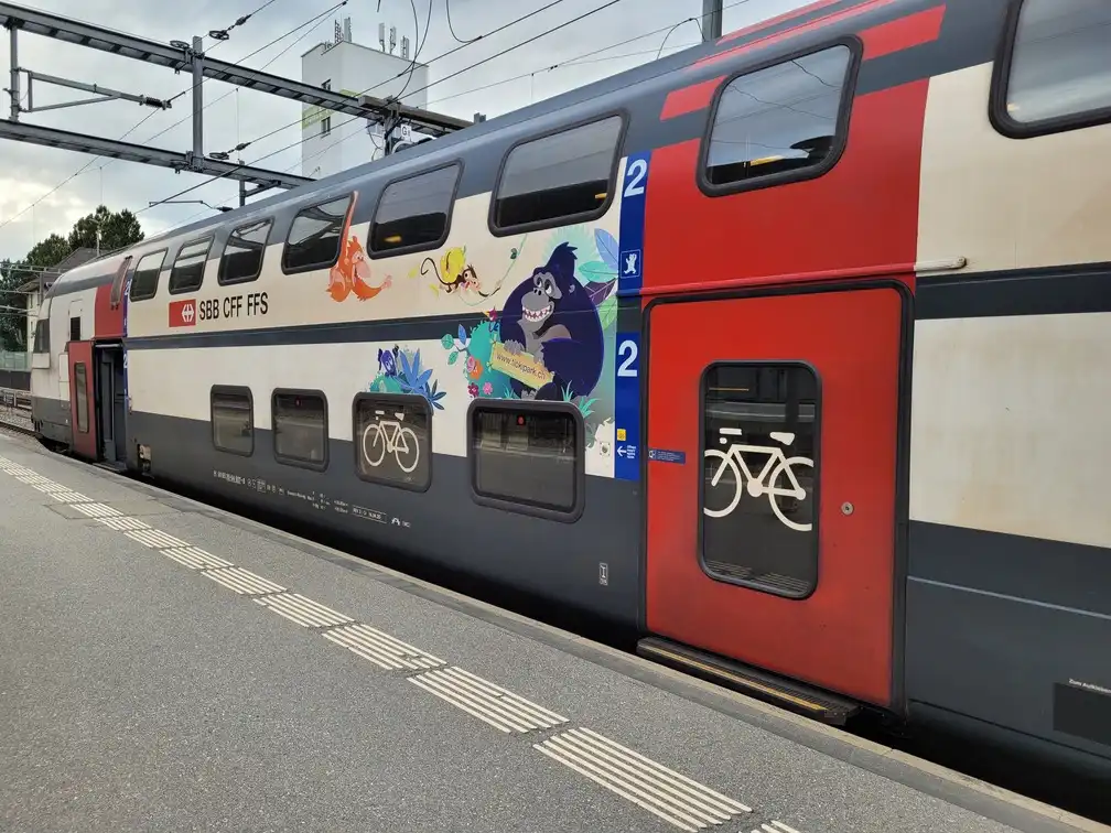 Family car of a double-decker train seen from the outside