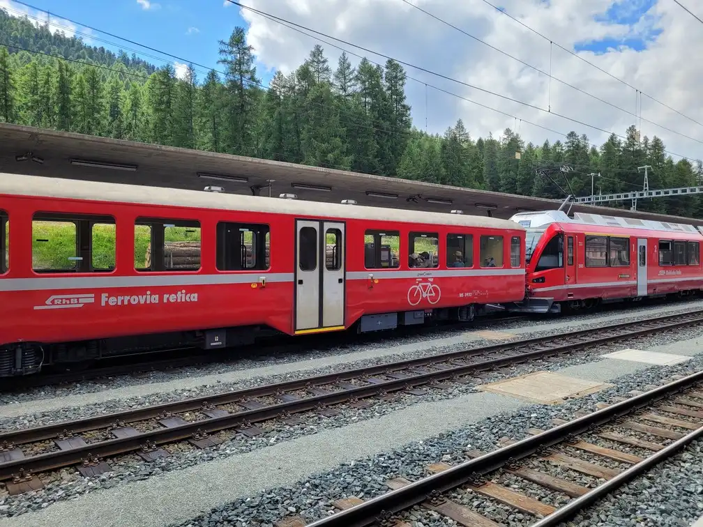 Old red train with a forest background