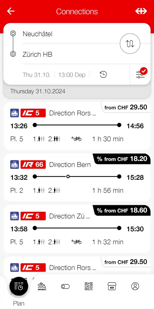 SBB app screenshot: list of connections for Neuchatel-Zurich