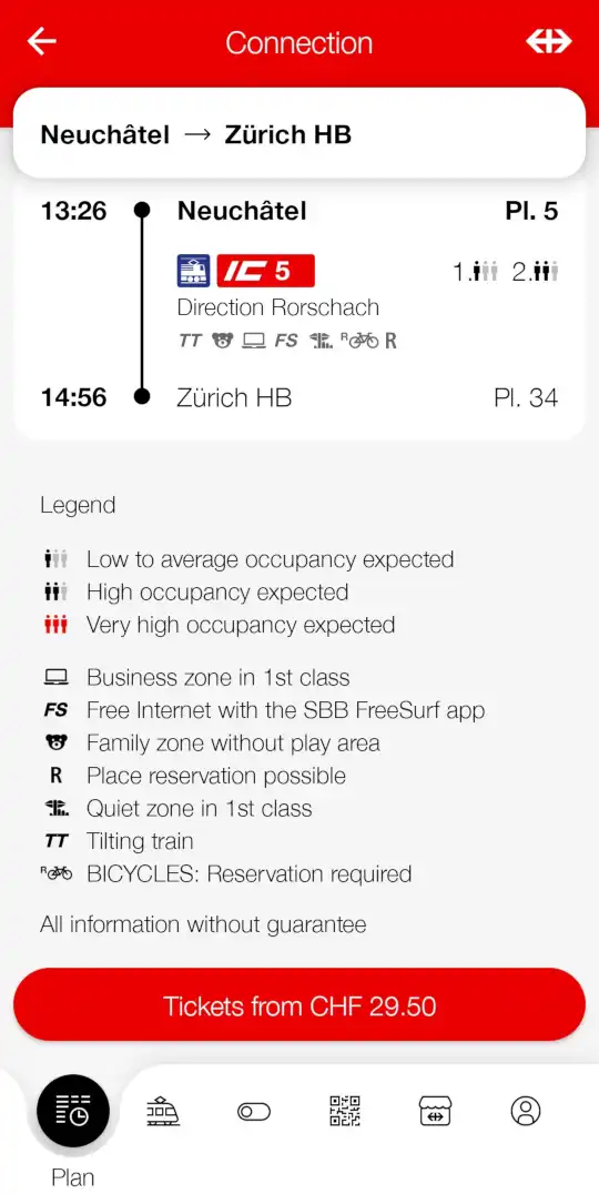 SBB app screenshot: journey details for a Neuchatel-Zurich train