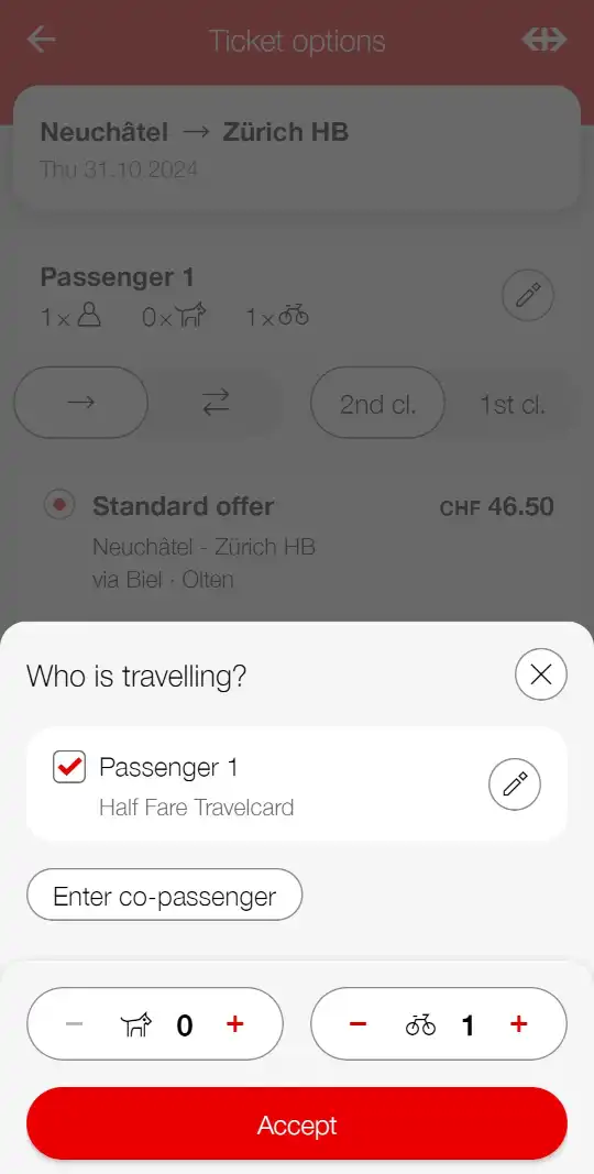 SBB app screenshot: selecting passengers, bicycles and dogs