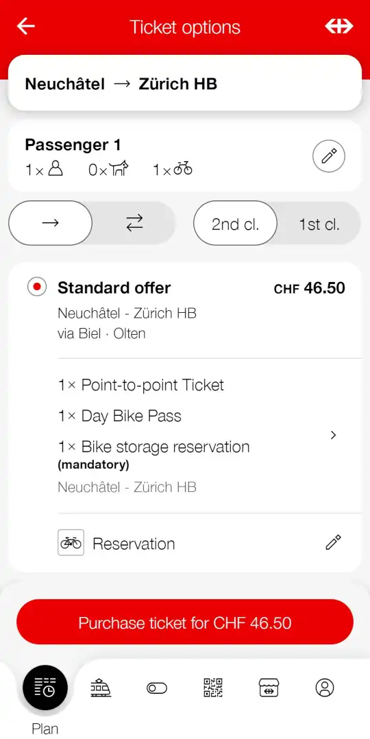 SBB app screenshot: offer review with a passenger ticket, bicycle ticket and bicycle reservation