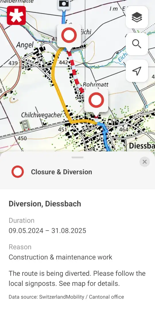 Switzerland Mobility app screenshot: diversion with explanation